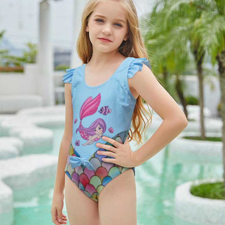 Pack of 15 girls' swimsuits with a mermaid design with a bow and a flounce