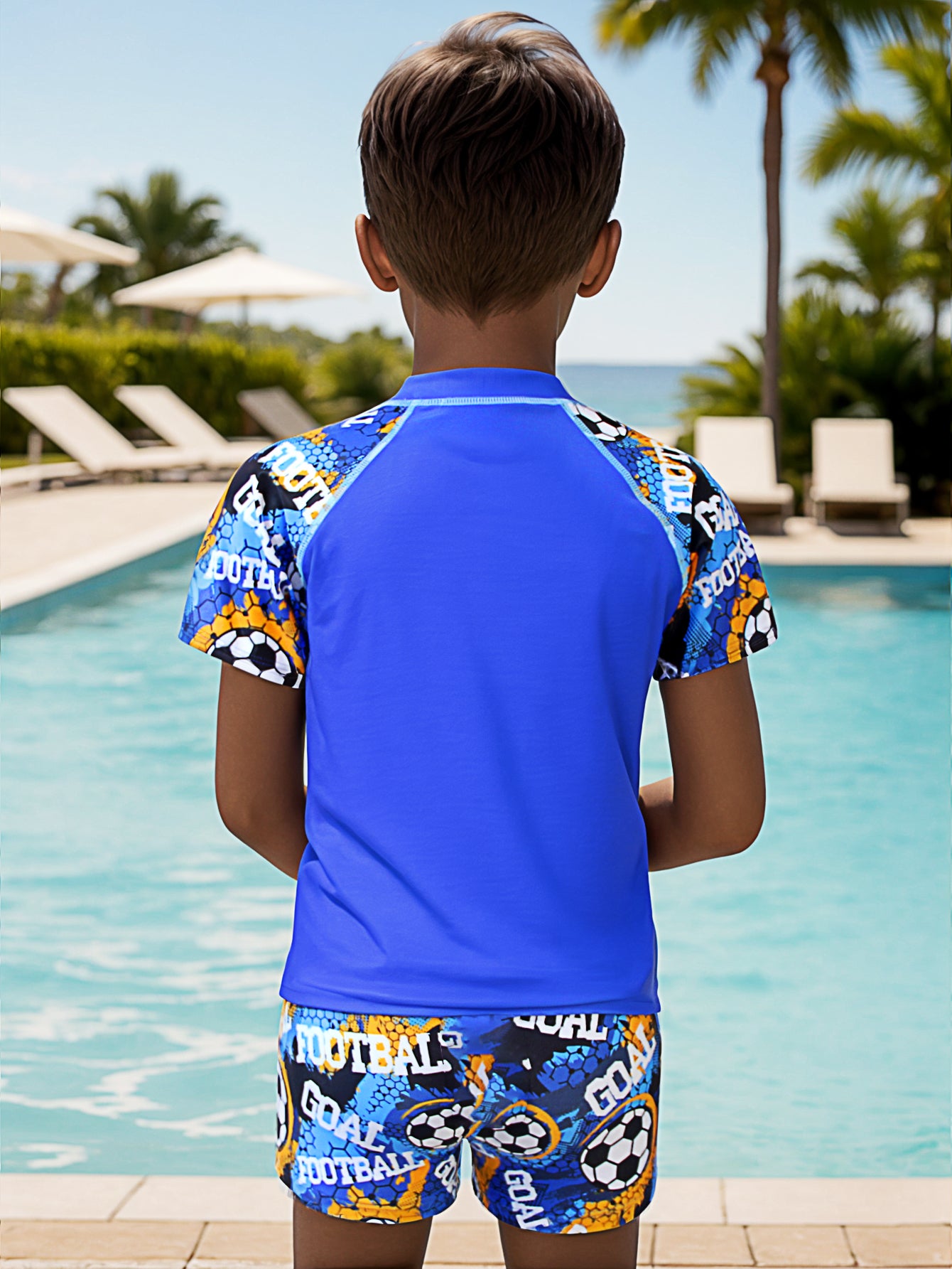 Pack of 12 units T-shirt and swimsuit set with a boy's drawing