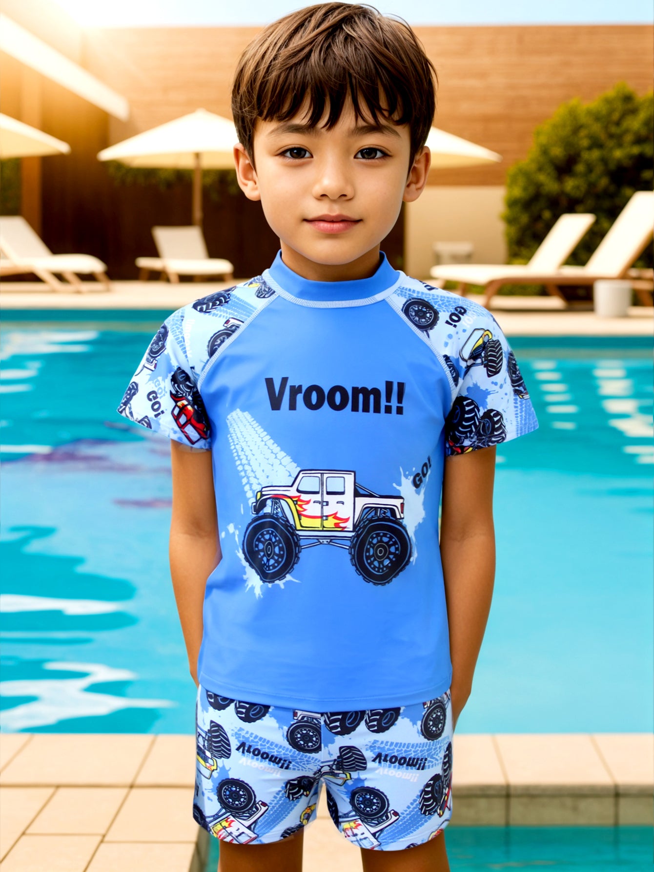 Pack of 12 units T-shirt and swimsuit set with a boy's drawing