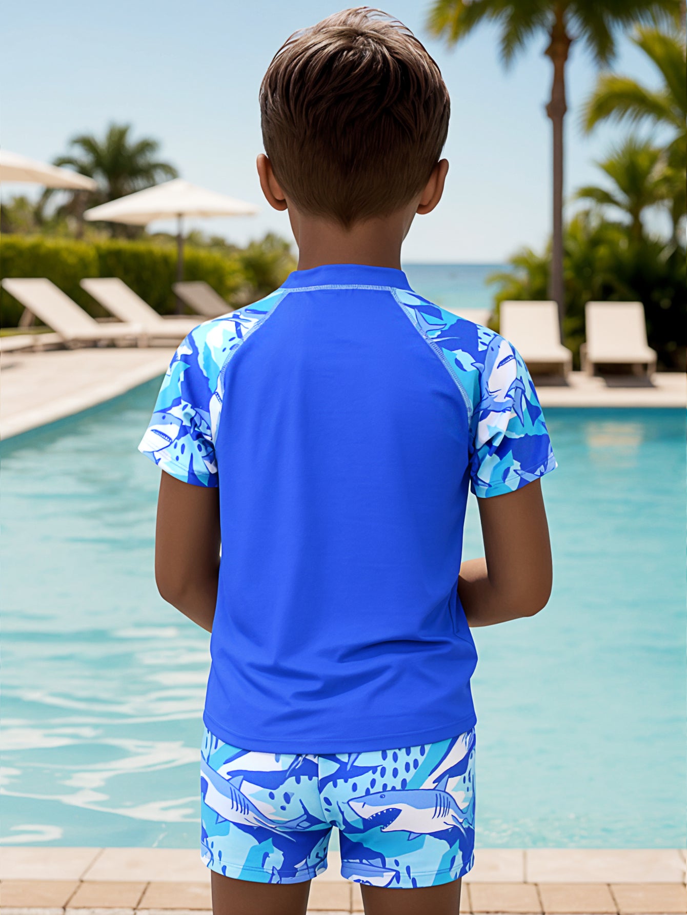 Pack of 12 units T-shirt and swimsuit set with a boy's drawing