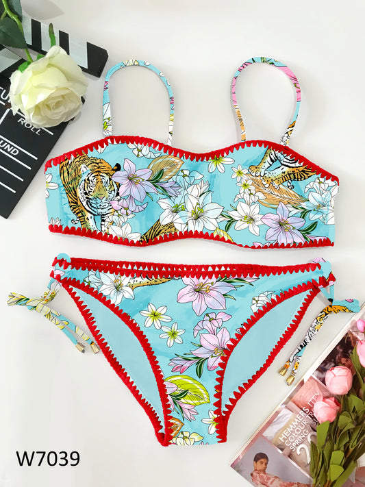 Bikini Bandeau Con Ganchillo Estampado Floral